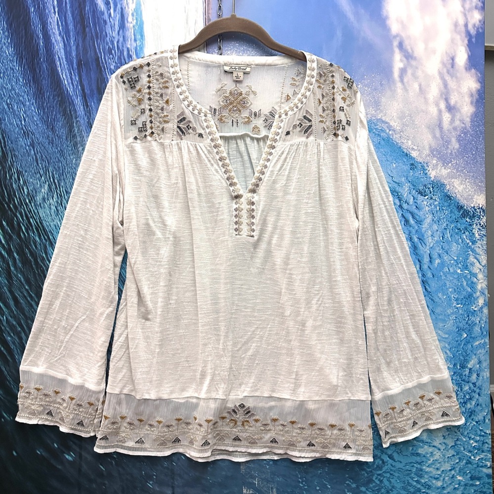 Lucky Brand L Rosalee Embroidered Knit Top White Long Sleeve Boho Blouse ASTV